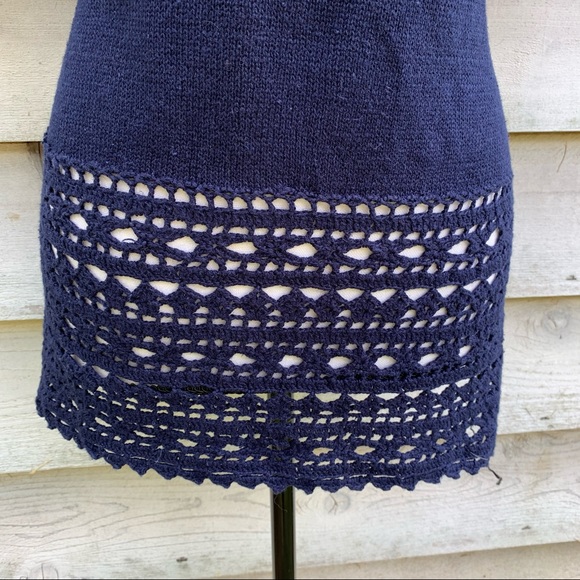 Vintage 90s Navy Blue Solid Print Crochet Trim Short Sleeve Knit Sweater Blouse - Picture 12 of 16